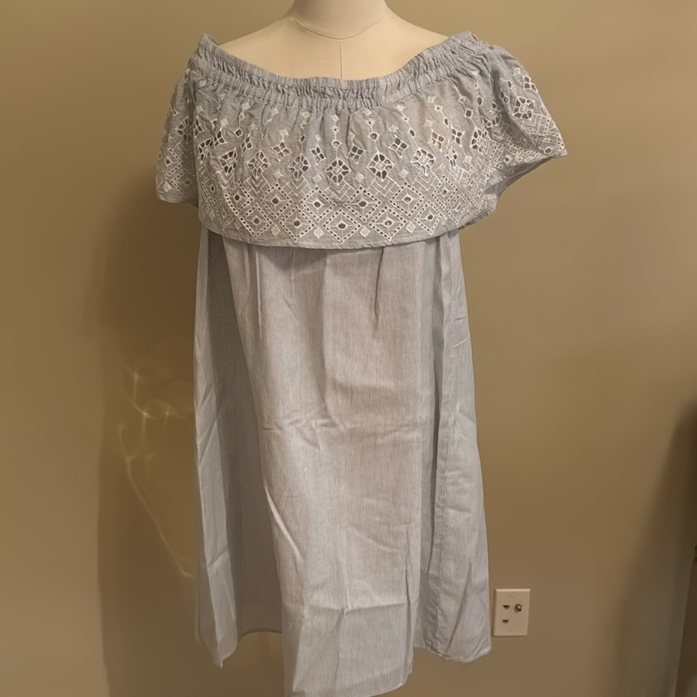 LOFT Eyelet Off the Shoulder Striped Dress Medium